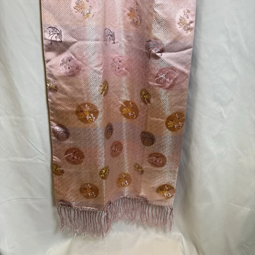 Handmade 100% Silk Floral Fringe Rectangle Scarf Pink/Gold 72x23 Women